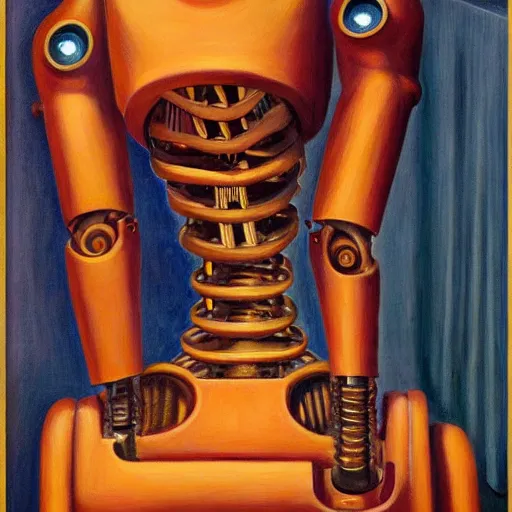 Image similar to biomechanical robot with soulful eyes portrait, lowbrow, pj crook, grant wood, edward hopper, oil on canvas