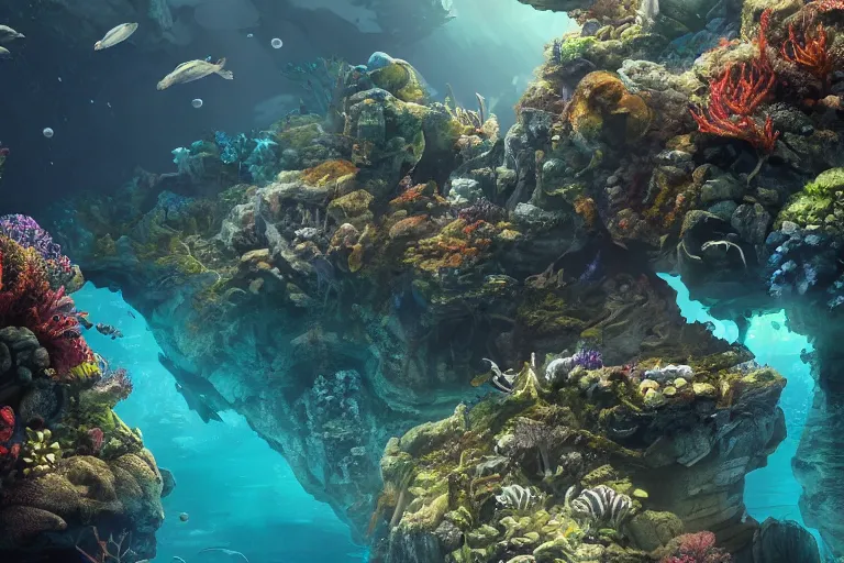 Image similar to dramatic intricate underwater landscape. many fish and crustaceans, intricate subnautica habitat, trending on cgsociety, peaceful atmosphere, natural volumetric lighting, exaggerated detail, wide angle, octane render, raytraced realistic