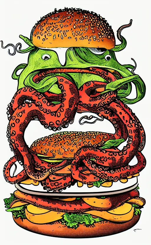 Prompt: detailed illustration of octopus eating a burger, symmetrical, hd, trending, silk screen