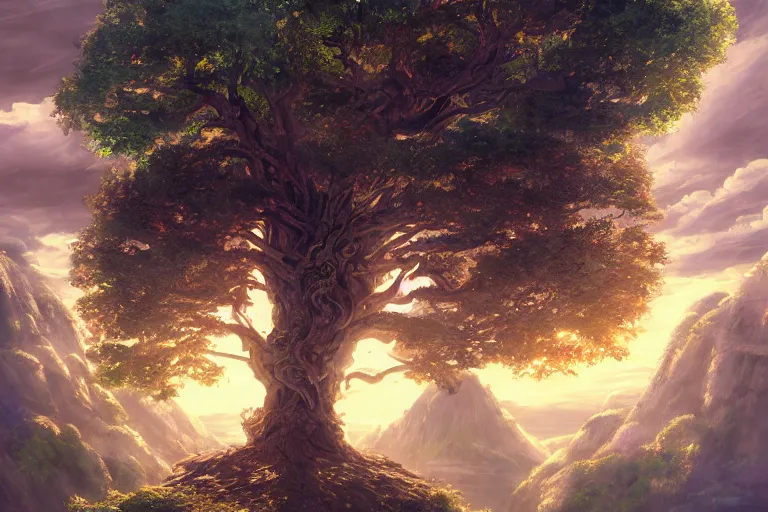 Prompt: A magical tree viewed from the outside, texture, intricate, details, highly detailed, masterpiece, architecture, building, trending on artstation, focus, sharp focus, concept art, digital painting, fantasy, sunny, day, midday, in the style of Avatar the Last Airbender