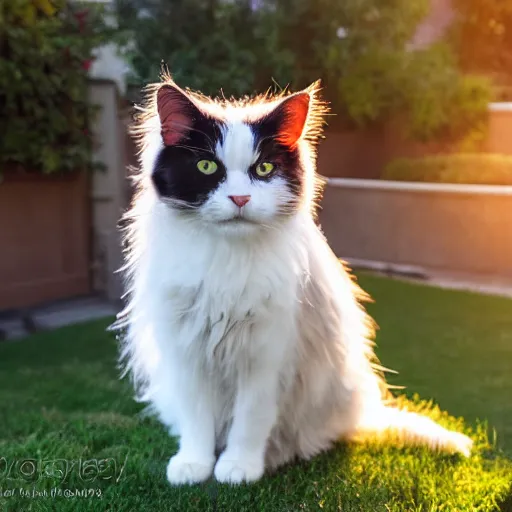 Image similar to a fluffy cute calico cat sitting on the corner of a front yard outside in the late afternoon on a beautiful summer day, sunset