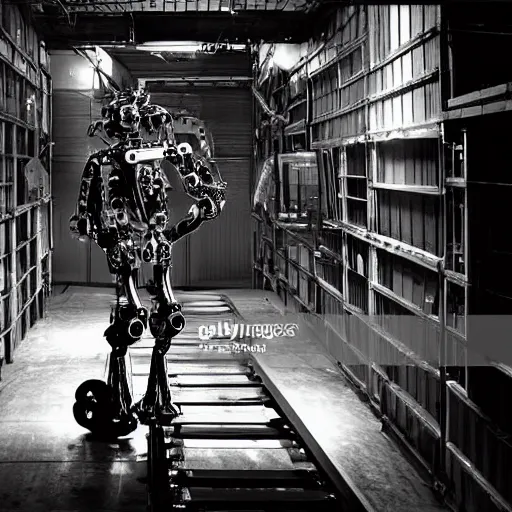 Image similar to scientists discovering a humanoid mechanical robot inside a warehouse, 1 9 2 0's sci - fi, black and white, 8 k, highly ornate intricate details, extreme detail,