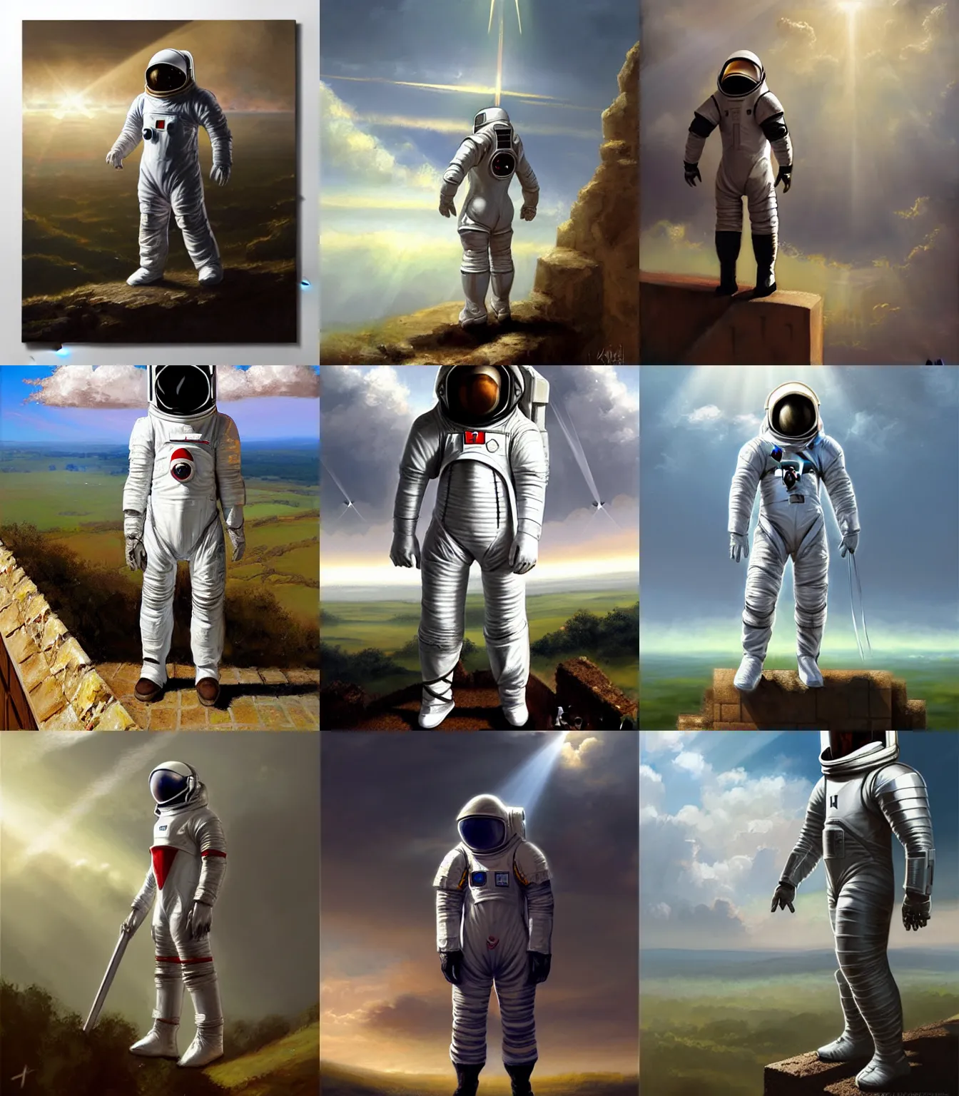 Prompt: Templar knight astronaut suit standing on top of a castle wall, Thunderclouds in the sky, sun shining through clouds, crepuscular rays, painting by krenz cushart, wlop wide angle view