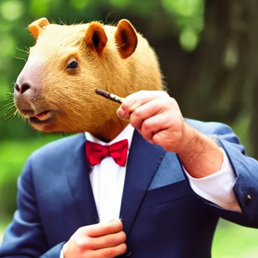 Image similar to smoking cigar, a man wearing a suit capybara head (smoking cigar)