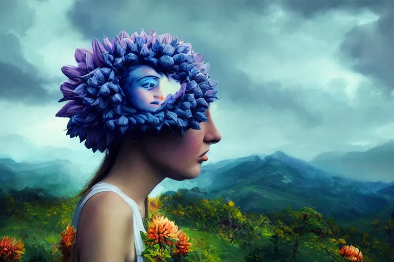 Image similar to giant dahlia flower crown under head, portrait girl on mountain, surreal photography, blue storm clouds, dramatic light, impressionist painting, digital painting, artstation, simon stalenhag