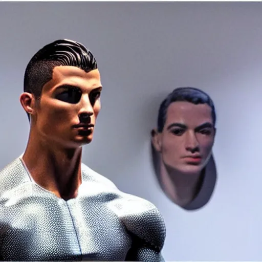 Image similar to “a realistic detailed photo of a guy who is an attractive humanoid who is half robot and half humanoid, who is a male android, Cristiano Ronaldo, shiny skin, posing like a statue, blank stare, press conference, on display”