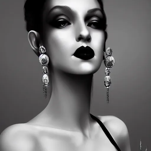 Prompt: digital art painting portrait of elegant gothic lady with earrings, black and white, black colours, hard edges, high quality, textured, dark background, mystic, perfect lighting, high contrast, arstation, artgerm, wlop, 4 k