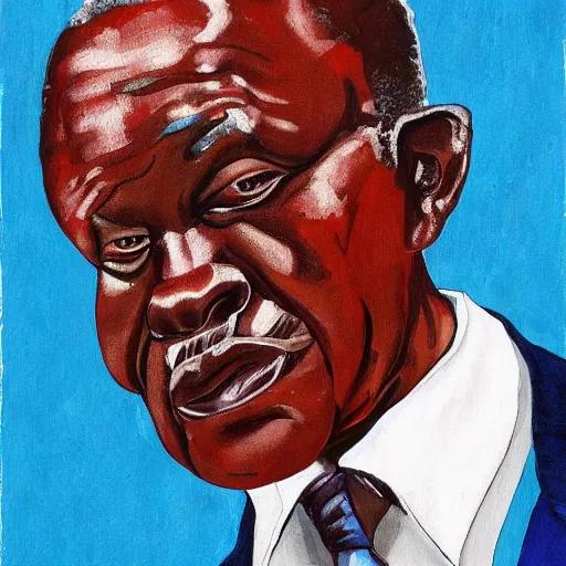 Prompt: a painting of a fatherly wide forehead, round face, XXL , loving, caring, generous, ever-present, humble, wise elder from Kenya in a suit by Wangechi Mutu . Fatherly/daddy, focused, loving, leader, relaxed. Blue background, heavenly lights, details, smooth, sharp focus, illustration, realistic, cinematic, artstation, award winning, rgb , unreal engine, octane render, cinematic light, macro, depth of field, blur, red light and clouds from the back, highly detailed epic cinematic concept art CG render made in Maya, Blender and Photoshop, octane render, excellent composition, dynamic dramatic cinematic lighting, aesthetic, very inspirational, arthouse.