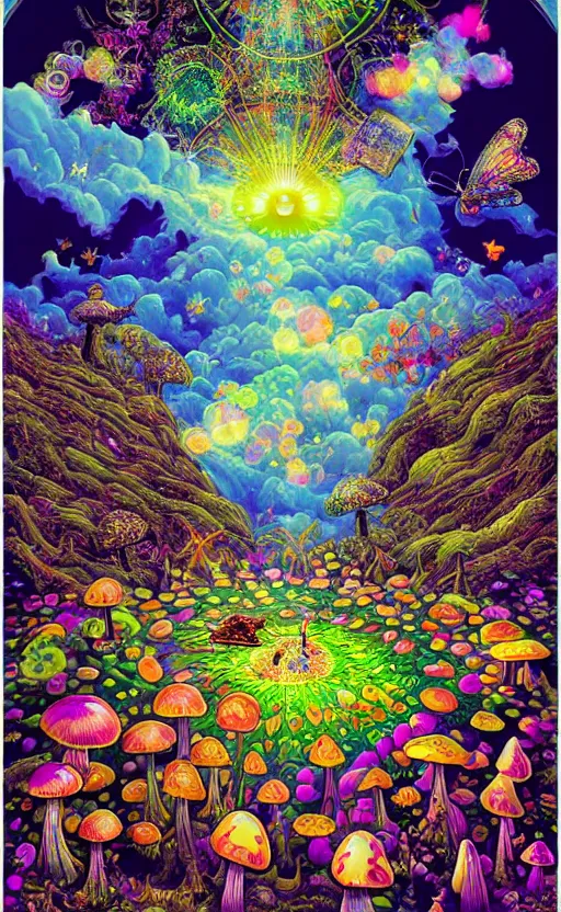 Prompt: psychedelic mushrooms, enchanted cosmic forest, mushrooms on the ground, small fairies, stars in the sky, butterflies, rainbows, psychedelic, wide angle shot, vector art, fish eye lens, fantasy poster by helen huang and frank frazetta and salvador dali