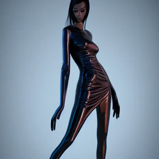 Image similar to a highly detailed unreal engine symmetric portrait of a long legged freaky goddess in a latex dress in an endless galaxy, trending on artstation