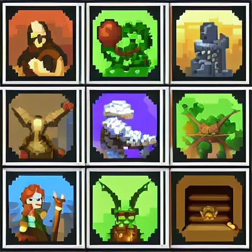 Image similar to set of 4 8 x 4 8 pixel wide fantasy icons for a roleplaying videogame