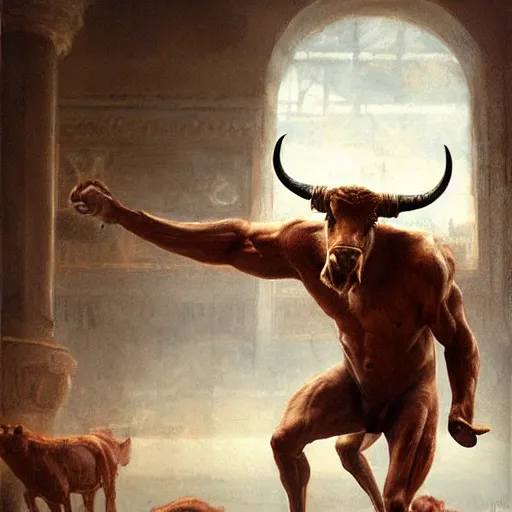 Image similar to minotaur doing aerobic, oil painting, by greg rutkowski