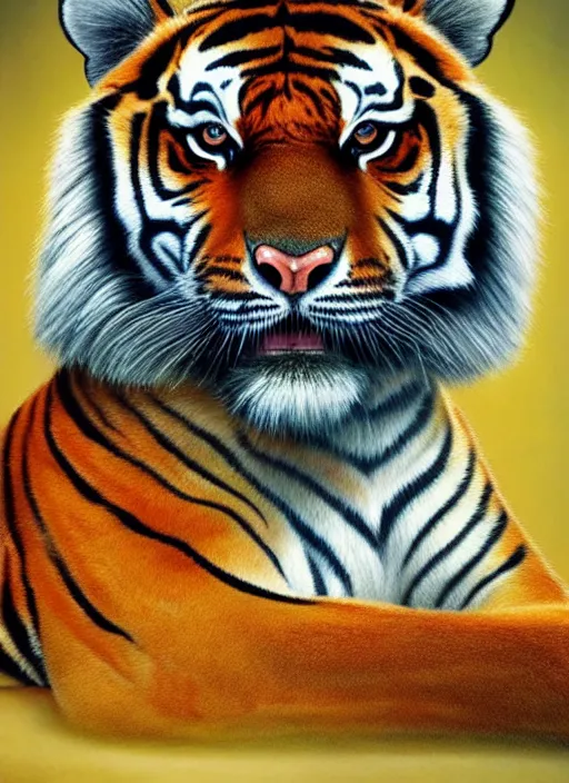 Prompt: a color photo of a tiger, a photorealistic painting by christian w. staudinger, behance, hyperrealism, hyper realism, majestic, wallpaper