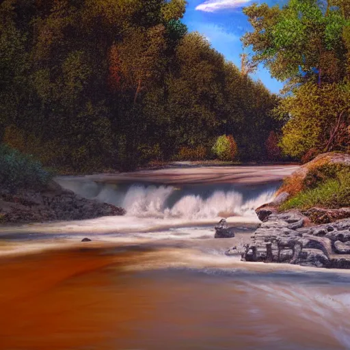 Prompt: last drop of the last river evaporating in slow motion, blue sunny sky, saturated colors, hyper detailed photorealistic