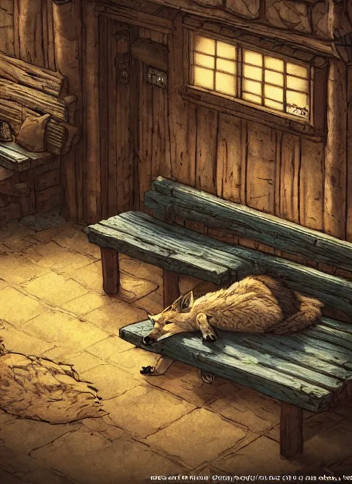 Image similar to cute coyote sleeping on a bench in a cozy tavern, hidari, color page, tankoban, 4K, tone mapping, Akihiko Yoshida.