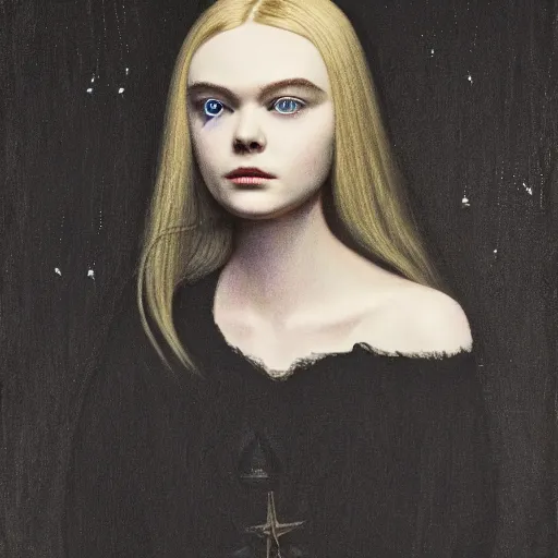 Prompt: a striking esoteric painting of Elle Fanning at a seance, dark, metal, black background, occult, by Grant Wood