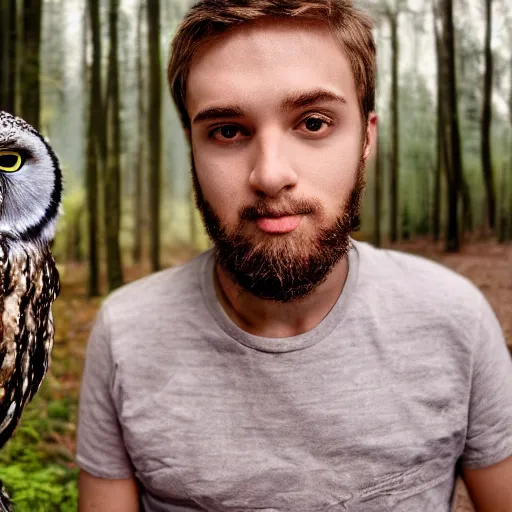 Prompt: 8 k cinematic, wow stinking portrait of a young dude 2 3 years old, with owl