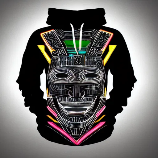 Prompt: mockup of a black hoodie with a claymodel of a cyberpunk aztec futurism robot head, 8 k, symetrical, flourescent colors, halluzinogenic, multicolored, insanely integrate, black background, 3 d render,