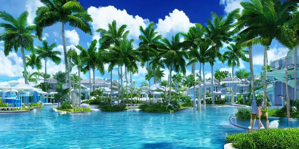 Prompt: hyperrealistic surreal virtual world of a florida keys resort with palm trees around a pool, a surreal vaporwave liminal space, minimalist architecture, metaverse, highly detailed, calming, meditative, dreamscape