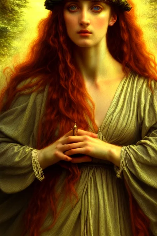 Image similar to gentle muse - priestess of the pre - raphaelites, complex, highly detailed, art station, illustration, jurgens, rutkovsky, bugro, volumetric dynamic lighting, highly detailed, cinematic lighting