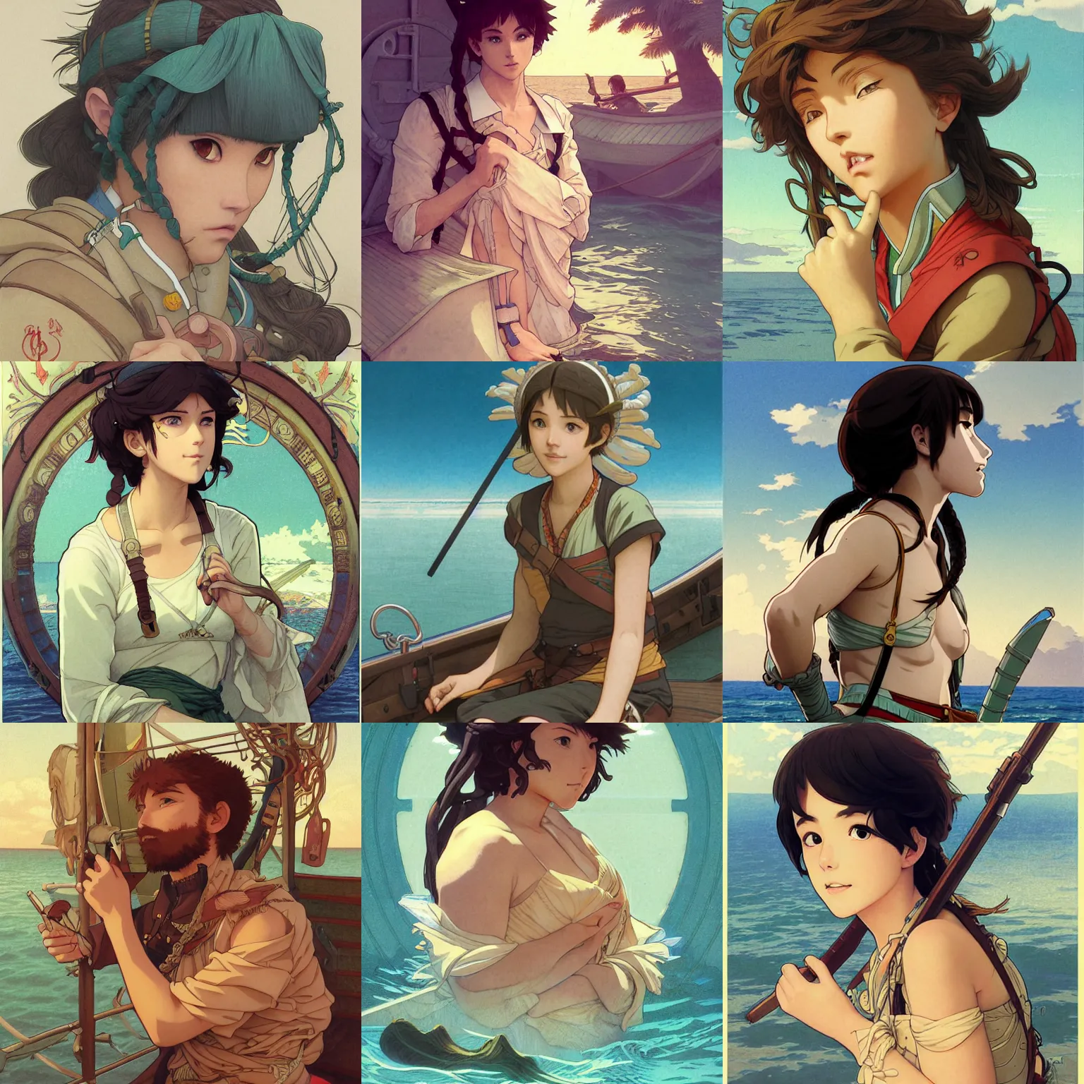 Prompt: treasure hunter sitting on a boat, oceanpunk, finely illustrated face, highly detailed, colored pencil, studio ghibli, tankobon, in the style of ilya kuvshinov and krenz cushart and william - adolphe bouguereau and alphonse mucha