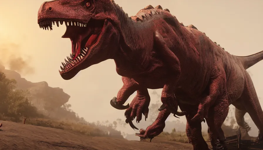 Image similar to A dinosaur in Red Dead Redemption 2, hyperdetailed, artstation, cgsociety, 8k