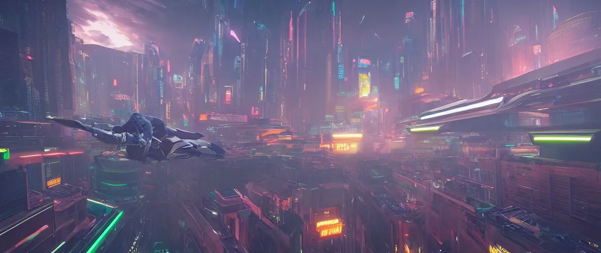 Prompt: an android on a flying motorcycle in a glowing neon cyberpunk retro futurism city at dawn by Ralph McQuarrie, unreal engine, cinematic atmosphere, establishing shot viewed from above