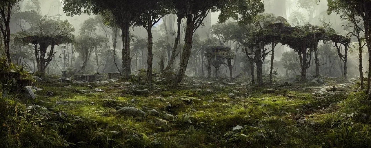 Image similar to concept art of an abandoned ruined city overgrown with nature by filip hodas, 3d render, hyper realistic, unreal engine, atmospheric, detailed