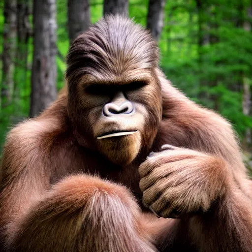 Prompt: bigfoot holding a tickle in his hand, color photograph, nature photograph, national geographic, 4 k.