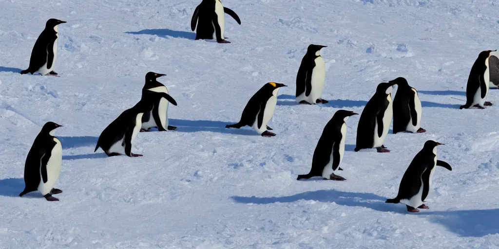 Image similar to ultrawide angle photograph of a team of penguins on snowboards extremely detailed, 8 k