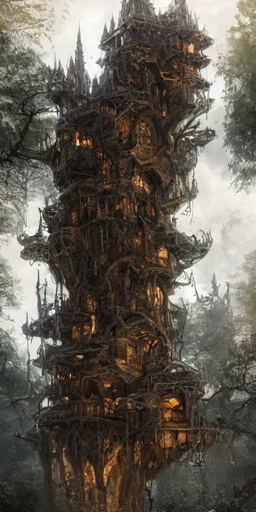 Image similar to ultra realistic and intricate detailed giant villain tech treehouse on the middle of the city, evil, devil, bloody, night, high technology, innovation, Dark evil style, artstation, unreal render, depth of field, ambient lighting, award winning, stunning