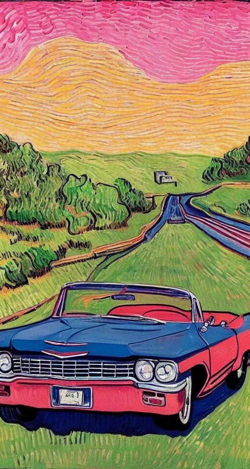 Image similar to painting of 1 9 6 3 red cadillac convertible driving down an empty highway into a pink sunset, aesthetic, minimalist, realistic, surreal, by vincent van gogh