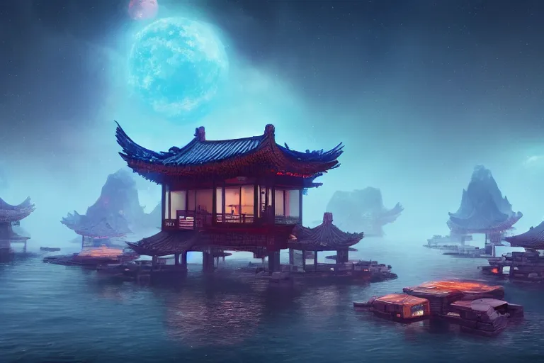 Image similar to floating chinese houses in alien planet, high - tech space cult, dramatic lighting, epic, octane render, volumetric light, unreal engine, artbreeder, 8 k, background, scene, digital, artwork, high quality, 8 k