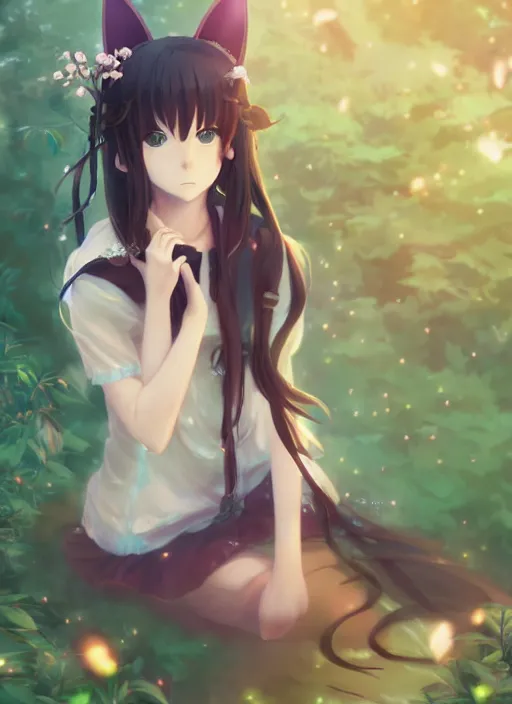 Prompt: anime girl with cat ears as a forest goddess, gorgeous face, anime style, digital art, by makoto shinkai, by wenjun lin, perfect shading