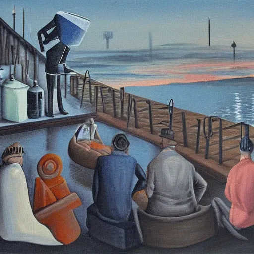 Image similar to the meeting of conspiracy theorists at the docks at midnight, surrealist painting