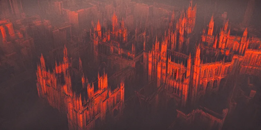 Image similar to dark gothic cathedral, gothic architecture, at the top of a red rock canyon, artstation concept art, beautiful matte painting, aerial view, red and orange and black color palette, chiaroscuro lighting