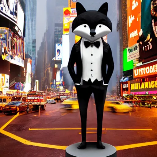 Prompt: anthropomorphic furry fox wearing a tuxedo stands on the times square ,detailed, environment, building, cinematic lights, Artstation