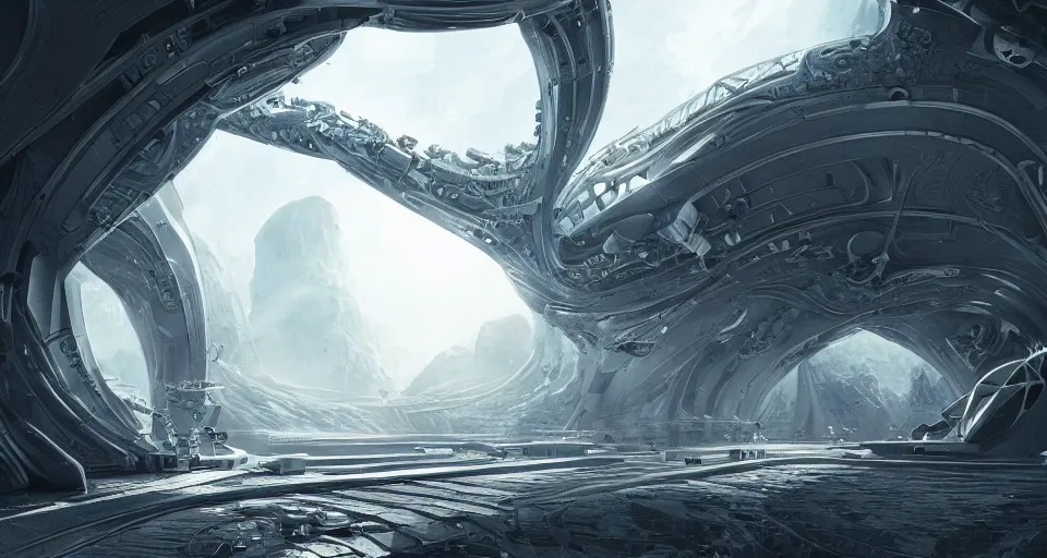 Prompt: A beautiful artwork illustration, detailed, level design, third person, The pristine halls of an organic alien spacecraft, biomechanical structures, subsurface scattering, realistic, featured on Flickr, wide angle, horizontal orientation, very coherent, cinematic, hyper realism, high detail, octane render, 8k