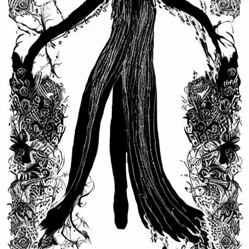 Image similar to black and white pen and ink!!!!!!! sorcerer beautiful attractive long hair Anya Taylor-Joy wearing High Royal flower print robes flaming!!!! final form sensual flowing ritual royal!!! Contemplative stance Vagabond!!!!!!!! floating magic witch!!!! glides through a beautiful!!!!!!! Camellia!!!! Tsubaki!!! death-flower!!!! battlefield behind!!!! dramatic esoteric!!!!!! Long hair flowing dancing illustrated in high detail!!!!!!!! by Hiroya Oku!!!!!!!!! graphic novel published on 2049 award winning!!!! full body portrait!!!!! action exposition manga panel black and white Shonen Jump issue by David Lynch eraserhead and beautiful line art Hirohiko Araki!! Frank Miller, Kentaro Miura!, Jojo's Bizzare Adventure!!!! 3 sequential art golden ratio technical perspective panels horizontal per page