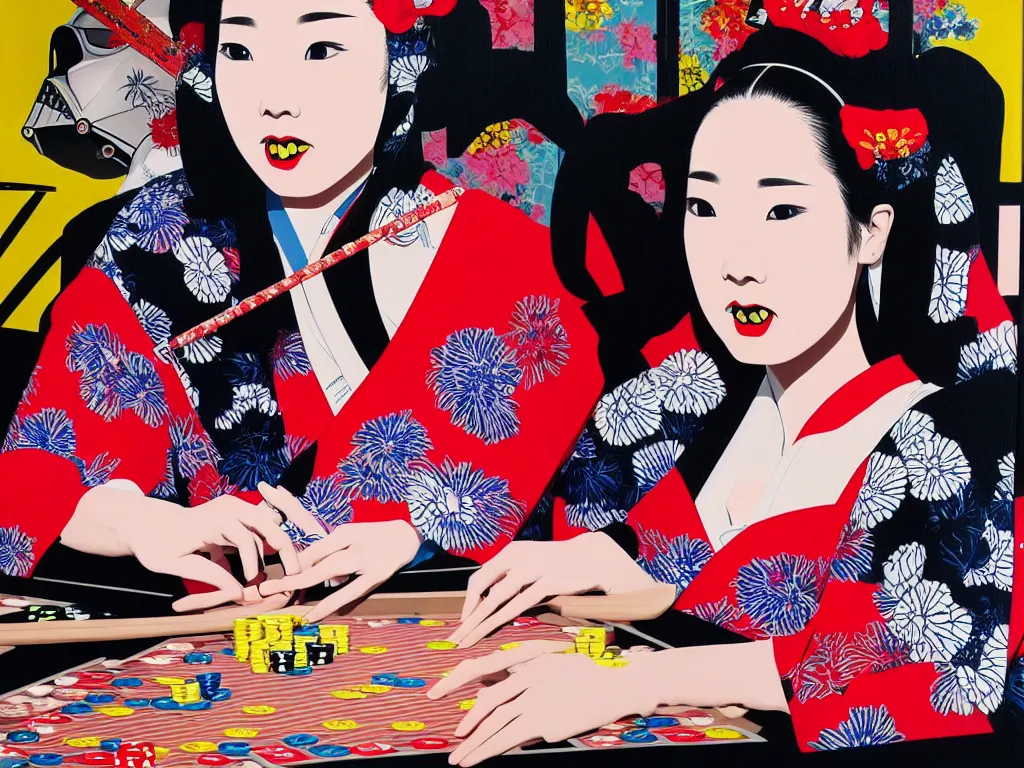 Image similar to hyperrealistic composition of the detailed woman in a japanese kimono sitting at a extremely detailed poker table with detailed darth vader, fireworks, mount fuji on the background, pop - art style, jacky tsai style, andy warhol style, acrylic on canvas