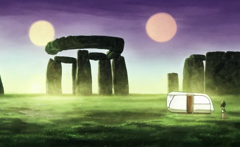 Image similar to a cell - shaded studio ghibli concept art of a ufo shining a spotlight on a caravan in a flooded stonehenge jungle on a misty starry night. very dull colors, hd, 4 k, hq