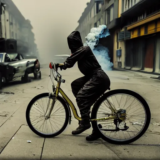 Image similar to a photo of a female wearing a hazmat suit, riding a bike, side-view, smoke in the background, filthy streets, broken cars. Vines growing. Jpeg artifacts. Full-color photo. Color color color color color. Award-winning photo. Samyang/Rokinon Xeen 50mm T1.5