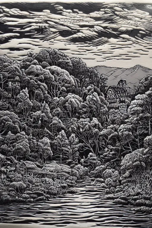 Prompt: wood engraving by sue scullard