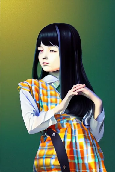 Image similar to mysterious girl child with her long black hair dressed in a chequered robe anime art style, big green diamond on her hand, digital art by ilya kuvshinov, inspired by balthus, hd, 4 k, hyper detailed