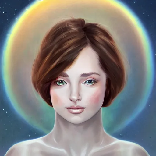 Prompt: a portrait photo of a young woman with medium - short brown hair, an intricate dress, and green eyes, floating in space, trending on artstation