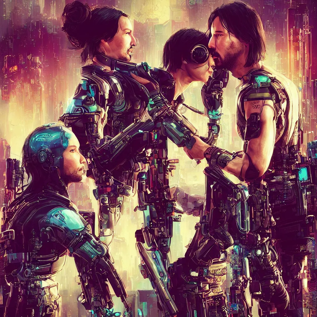 Image similar to a cyberpunk 2077 srcreenshot couple portrait of Keanu Reeves and female android final kiss,love,film lighting,by Laurie Greasley,Lawrence Alma-Tadema,Andrei Riabovitchev,Dan Mumford,John Wick,Speed,Replicas,artstation,deviantart,FAN ART,full of color,Digital painting,face enhance,highly detailed,8K,octane,golden ratio,cinematic lighting