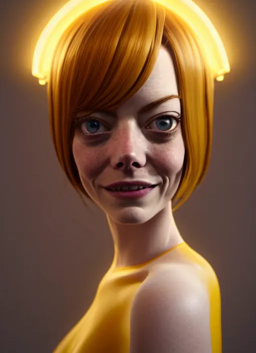 Image similar to anthropomorphic portrait of emma stone as a banana, au naturel, hyper detailed, digital art, trending in artstation, cinematic lighting, studio quality, smooth render, unreal engine 5 rendered, octane rendered, art style by klimt and nixeu and ian sprigger and wlop and krenz cushart and pixar and riot and overwatch