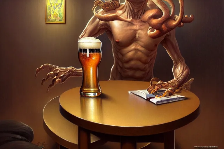 Image similar to detailed pint of beer on the coffee table in the the mid century modern livingroom. highly detailed, digital painting, artstation, concept art, smooth, sharp focus, illustration, artgerm, tomasz alen kopera, peter mohrbacher, donato giancola, joseph christian leyendecker, wlop, boris vallejo