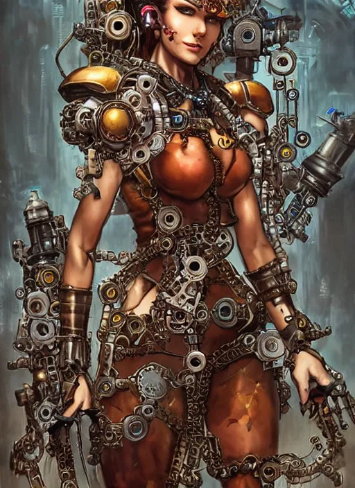 Image similar to front portrait of attractive Lady Mechanika with retro-cyborg arms made of gears and levers, Intrincate steampunk imagery , D&D!, fantasy style, sharp focus!, ultra detailed, art by Artgerm and Peter Andrew Jones, WLUP