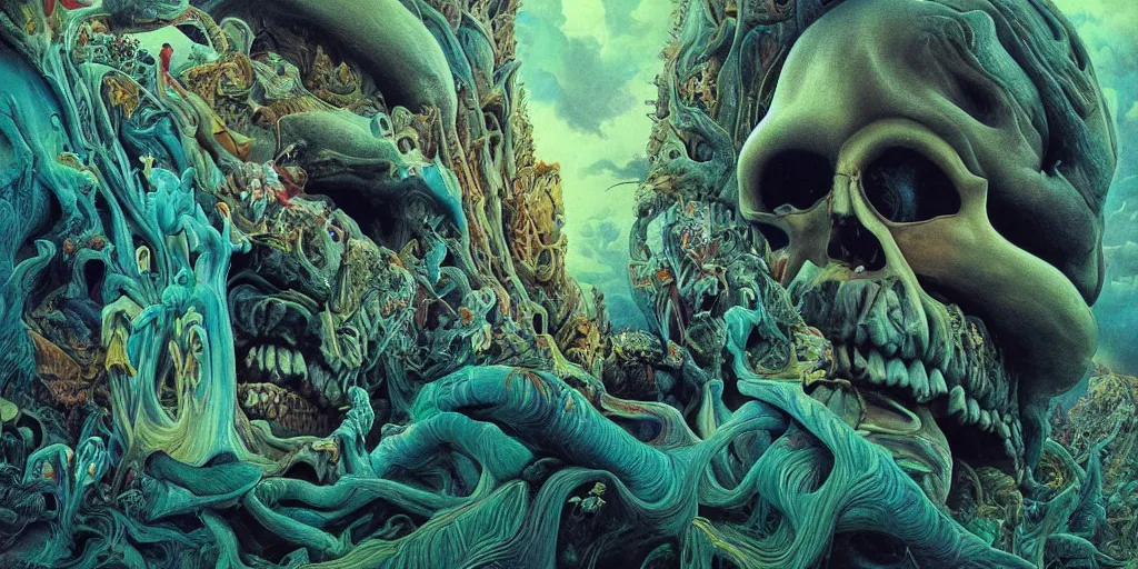 Image similar to ultrawide angle colour masterpiece surreal closeup portrait photography of surrealism by annie leibovitz and michael cheval, incredible sense of depth and perspective and clarity, weird surreal epic psychedelic complex biomorphic 3 d fractal landscape giant beast skull by kilian eng and roger dean and giger and salvador dali and beksinski, 8 k